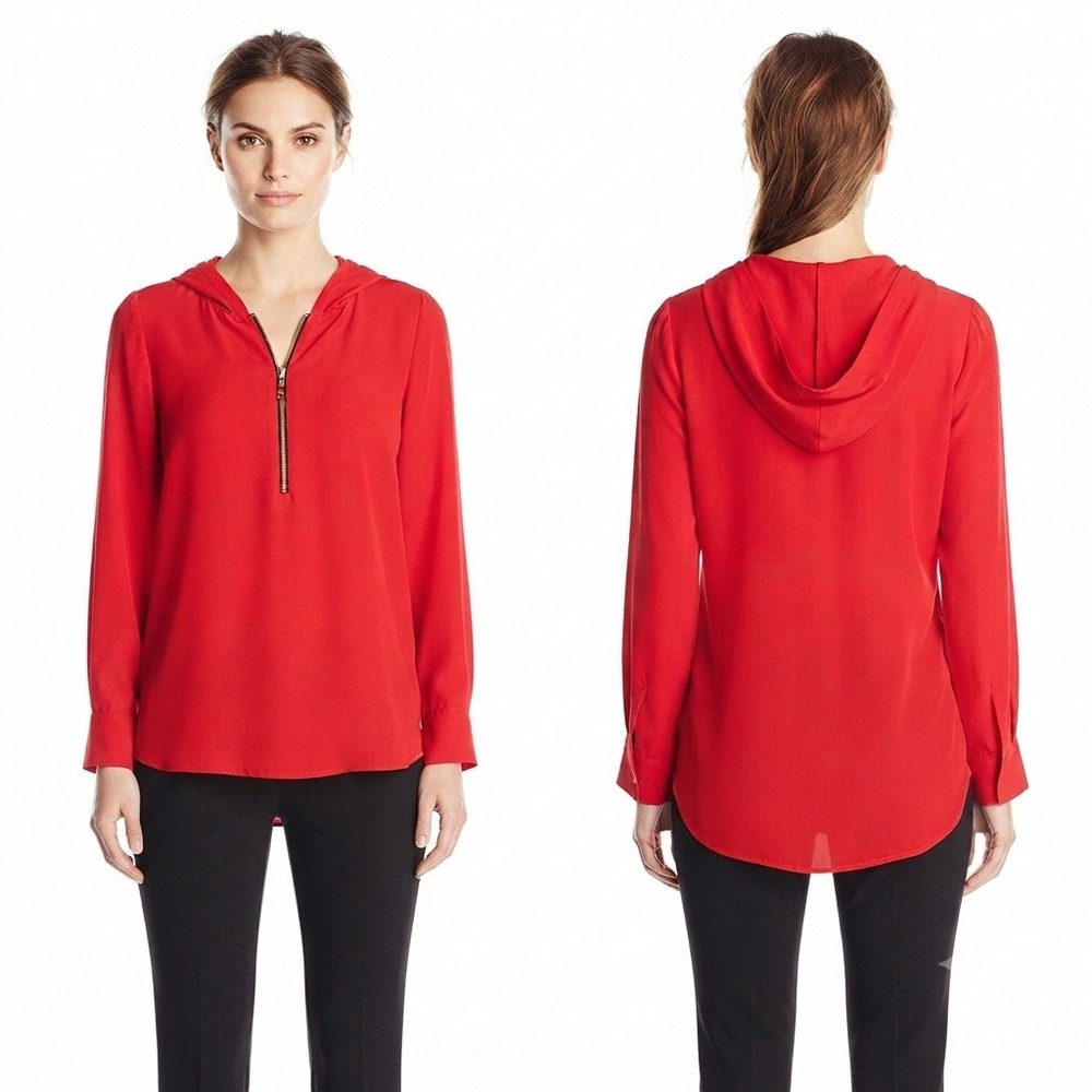 Soft Surroundings Blouse Womens M‎ Red Quarter Zip Hooded Blouse Kangaroo Pocket